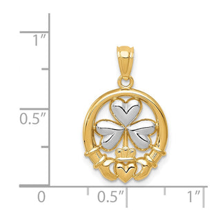 14k Yellow Gold Rhodium Claddagh w/Shamrock Pendant