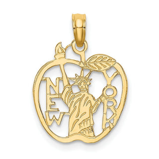 14k Yellow Gold Cut-Out New York w/Statue Of Liberty In Apple Pendant