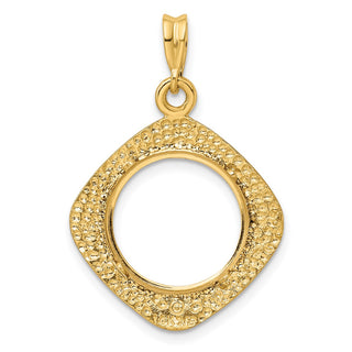14k Yellow Gold 15mm Textured & Beaded Kite-Shape Prong Coin Bezel Pendant - Fits US $1 Type 2