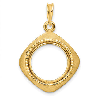 14k Yellow Gold 15mm Textured & Beaded Kite-Shape Prong Coin Bezel Pendant - Fits US $1 Type 2