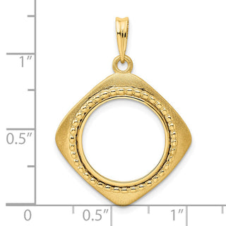 14k Yellow Gold 16.5mm Textured & Beaded Kite-Shape Prong Coin Bezel Pendant - Fits 1/10 oz American Eagle and 1/10 oz Krugerrand
