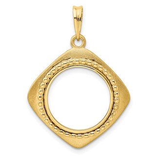 14k Yellow Gold 16.5mm Textured & Beaded Kite-Shape Prong Coin Bezel Pendant - Fits 1/10 oz American Eagle and 1/10 oz Krugerrand