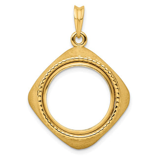14k Yellow Gold 17.8mm Textured & Beaded Kite-Shape Prong Coin Bezel Pendant - Fits US $2.50 Liberty and Other Coins