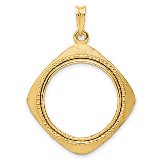 14k Yellow Gold 21.6mm Textured & Beaded Diamond Shaped Prong Coin Bezel Pendant - Fits US $5 Bald Eagle, US $5 Congressional, and Other Coins