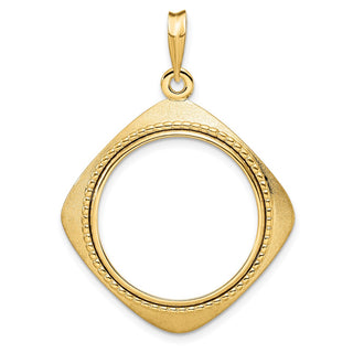 14k Yellow Gold 22mm Textured & Beaded Kite-Shape Prong Coin Bezel Pendant - Fits 1/4 oz American Eagle and Other Coins