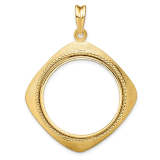 14k Yellow Gold 27mm Textured & Beaded Kite-Shape Prong Coin Bezel Pendant - Fits 1/2 oz American Eagle, US $10 Liberty, and Other Coins