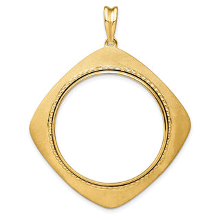 14k Yellow Gold 30mm Textured & Beaded Kite-Shape Prong Coin Bezel Pendant - Fits 1 oz Maple Leaf and 1/2 oz Cat