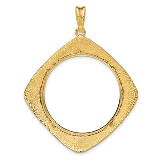 14k Yellow Gold 32.7mm Textured & Beaded Kite-Shape Prong Coin Bezel Pendant - Fits 1 oz American Eagle, 1 oz Cat, and 1 oz Krugerrand