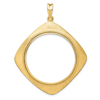 14k Yellow Gold 32.7mm Textured & Beaded Kite-Shape Prong Coin Bezel Pendant - Fits 1 oz American Eagle, 1 oz Cat, and 1 oz Krugerrand