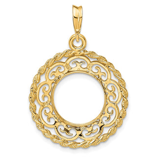 14k Yellow Gold Rope Edge w/ Scroll Design 13mm Prong Coin Bezel Pendant - Fits 2 Pesos and US $1