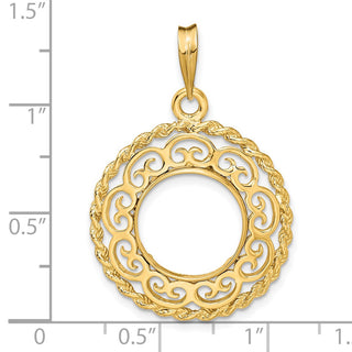 14k Yellow Gold Rope Edge w/ Scroll Design 13mm Prong Coin Bezel Pendant - Fits 2 Pesos and US $1