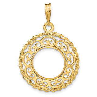 14k Yellow Gold Rope Edge w/ Scroll Design 13mm Prong Coin Bezel Pendant - Fits 2 Pesos and US $1