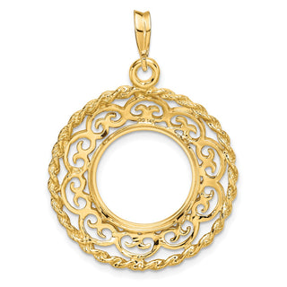 14k Yellow Gold Rope Edge w/ Scroll Design 15mm Prong Coin Bezel Pendant - Fits US $1 Type 2