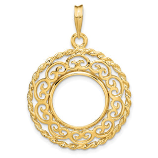14k Yellow Gold Rope Edge w/ Scroll Design 15mm Prong Coin Bezel Pendant - Fits US $1 Type 2