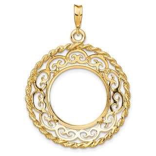 14k Yellow Gold Rope Edge w/ Scroll Design 17.8mm Prong Coin Bezel Pendant - Fits US $2.50 Liberty and Other Coins