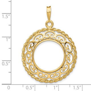 14k Yellow Gold Rope Edge w/ Scroll Design 17.8mm Prong Coin Bezel Pendant - Fits US $2.50 Liberty and Other Coins