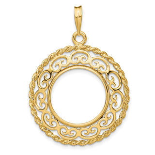 14k Yellow Gold Rope Edge w/ Scroll Design 17.8mm Prong Coin Bezel Pendant - Fits US $2.50 Liberty and Other Coins