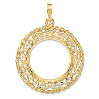 14k Yellow Gold Rope Edge w/ Scroll Design 21.6mm Prong Coin Bezel Pendant - Fits US $5 Bald Eagle and US $5 Congressional
