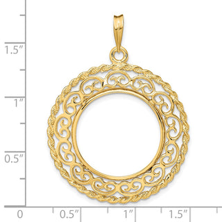 14k Yellow Gold Rope Edge w/ Scroll Design 21.6mm Prong Coin Bezel Pendant - Fits US $5 Bald Eagle and US $5 Congressional
