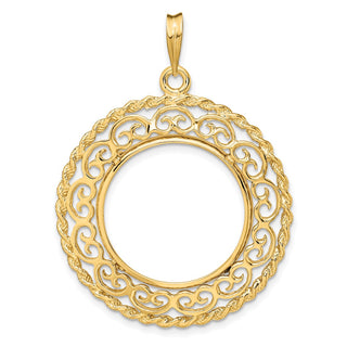 14k Yellow Gold Rope Edge w/ Scroll Design 21.6mm Prong Coin Bezel Pendant - Fits US $5 Bald Eagle and US $5 Congressional