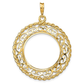 14k Yellow Gold Rope Edge w/ Scroll Design 22mm Prong Coin Bezel Pendant - Fits 1/4 oz American Eagle and Other Coins
