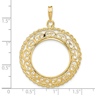 14k Yellow Gold Rope Edge w/ Scroll Design 22mm Prong Coin Bezel Pendant - Fits 1/4 oz American Eagle and Other Coins