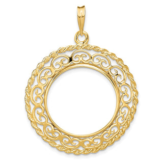 14k Yellow Gold Rope Edge w/ Scroll Design 22mm Prong Coin Bezel Pendant - Fits 1/4 oz American Eagle and Other Coins