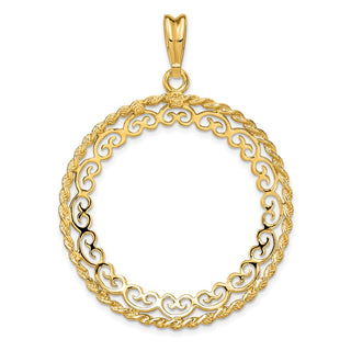 14k Yellow Gold Rope Edge w/ Scroll Design 27mm Prong Coin Bezel Pendant - Fits 1/2 oz American Eagle, US $10 Liberty, and Other Coins