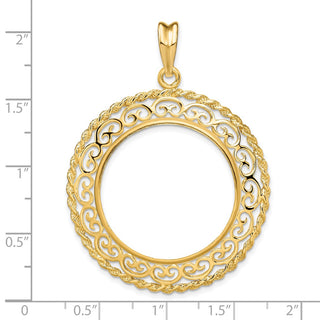 14k Yellow Gold Rope Edge w/ Scroll Design 27mm Prong Coin Bezel Pendant - Fits 1/2 oz American Eagle, US $10 Liberty, and Other Coins