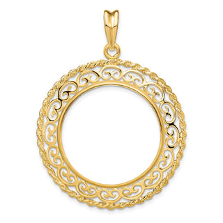 14k Yellow Gold Rope Edge w/ Scroll Design 27mm Prong Coin Bezel Pendant - Fits 1/2 oz American Eagle, US $10 Liberty, and Other Coins