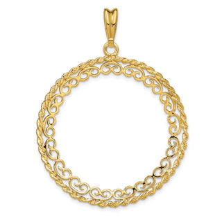 14k Yellow Gold Rope Edge w/ Scroll Design 30mm Prong Coin Bezel Pendant - Fits 1 oz Maple Leaf and 1/2 oz Cat