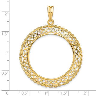 14k Yellow Gold Rope Edge w/ Scroll Design 30mm Prong Coin Bezel Pendant - Fits 1 oz Maple Leaf and 1/2 oz Cat