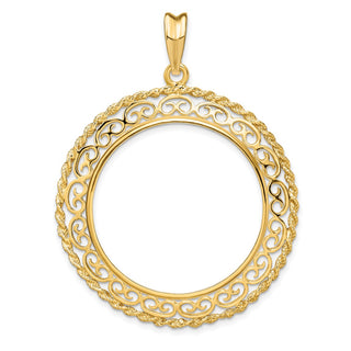 14k Yellow Gold Rope Edge w/ Scroll Design 30mm Prong Coin Bezel Pendant - Fits 1 oz Maple Leaf and 1/2 oz Cat