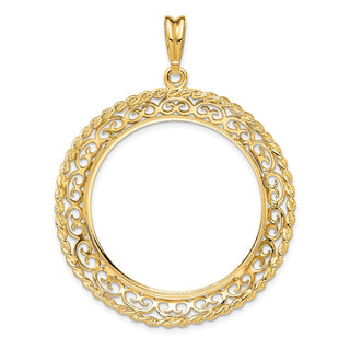 14k Yellow Gold Rope Edge w/ Scroll Design 32.7mm Prong Coin Bezel Pendant - Fits 1 oz American Eagle, 1 oz Cat, and 1 oz Krugerrand