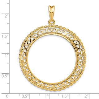 14k Yellow Gold Rope Edge w/ Scroll Design 32.7mm Prong Coin Bezel Pendant - Fits 1 oz American Eagle, 1 oz Cat, and 1 oz Krugerrand