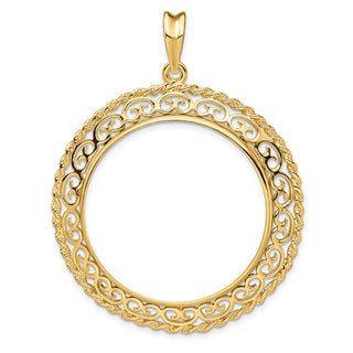 14k Yellow Gold Rope Edge w/ Scroll Design 32.7mm Prong Coin Bezel Pendant - Fits 1 oz American Eagle, 1 oz Cat, and 1 oz Krugerrand