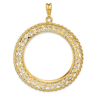 14k Yellow Gold Rope Edge w/ Scroll Design 34.2mm Prong Coin Bezel Pendant - Fits US $20 Liberty and US $20 St. Gaudens