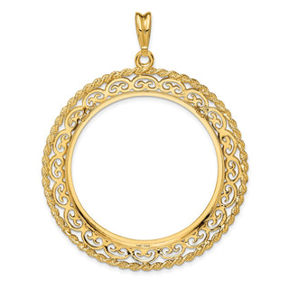 14k Yellow Gold Rope Edge w/ Scroll Design 37mm Prong Coin Bezel Pendant - Fits 50 Pesos and Centenario