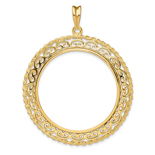 14k Yellow Gold Rope Edge w/ Scroll Design 37mm Prong Coin Bezel Pendant - Fits 50 Pesos and Centenario