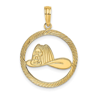 14k Yellow Gold Fireman Helmet In Disk Pendant