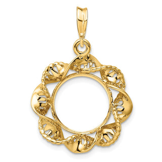 14k Yellow Gold 13mm Fancy Twisted Ribbon Prong Coin Bezel Pendant - Fits 2 Pesos and US $1