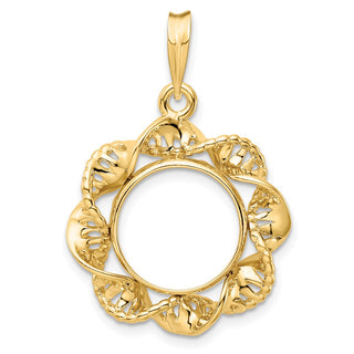 14k Yellow Gold 13mm Fancy Twisted Ribbon Prong Coin Bezel Pendant - Fits 2 Pesos and US $1