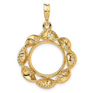 14k Yellow Gold 15mm Fancy Twisted Ribbon Prong Coin Bezel Pendant - Fits US $1 Type 2