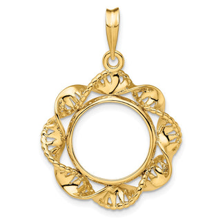 14k Yellow Gold 15mm Fancy Twisted Ribbon Prong Coin Bezel Pendant - Fits US $1 Type 2