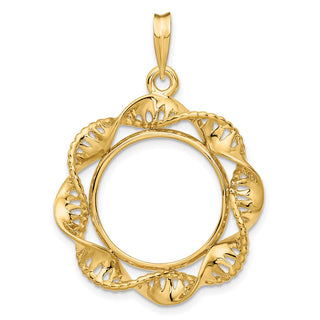 14k Yellow Gold 17.8mm Fancy Twisted Ribbon Prong Coin Bezel Pendant - Fits US $2.50 Liberty and Other Coins