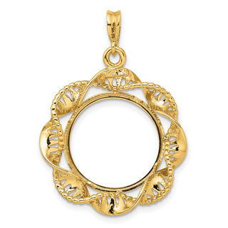 14k Yellow Gold 18mm Fancy Twisted Ribbon Prong Coin Bezel Pendant - Fits 1/10 oz Cat