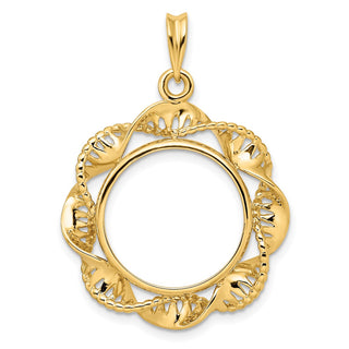 14k Yellow Gold 18mm Fancy Twisted Ribbon Prong Coin Bezel Pendant - Fits 1/10 oz Cat