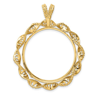 14k Yellow Gold 30mm Fancy Twisted Ribbon Prong Coin Bezel Pendant - Fits 1 oz Maple Leaf and 1/2 oz Cat