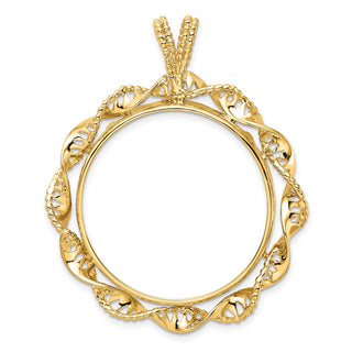 14k Yellow Gold 30mm Fancy Twisted Ribbon Prong Coin Bezel Pendant - Fits 1 oz Maple Leaf and 1/2 oz Cat
