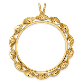 14k Yellow Gold 37mm Fancy Twisted Ribbon Prong Coin Bezel Pendant - Fits 50 Pesos and Centenario